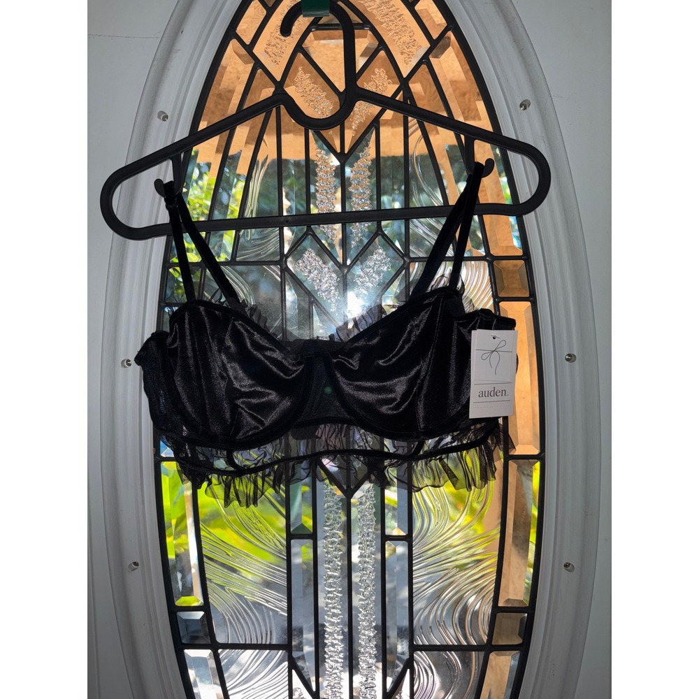 Auden Women Black Satin Mesh Longline Underwire Bra Ruffle Trim NWT Size S